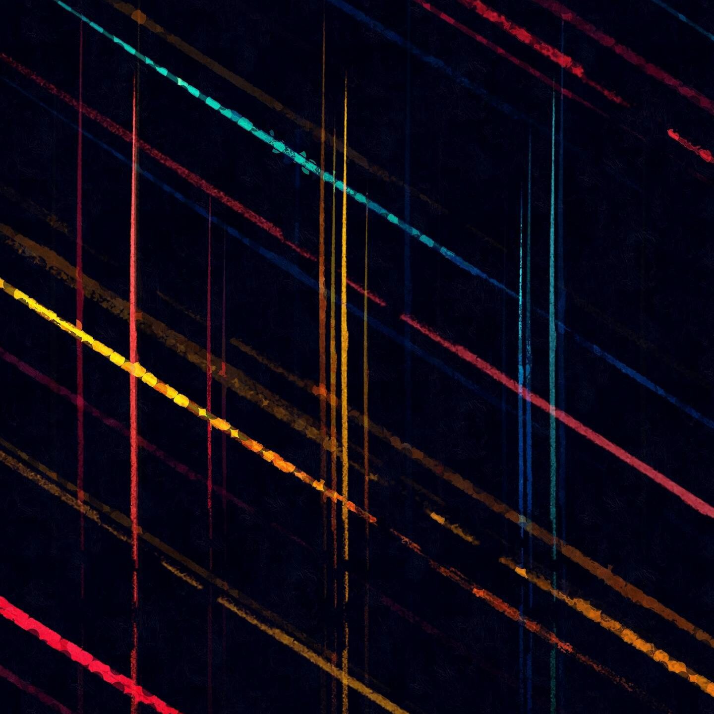 Vibrant abstract painting with colorful diagonal lines on a dark background, expressing energy and motion.